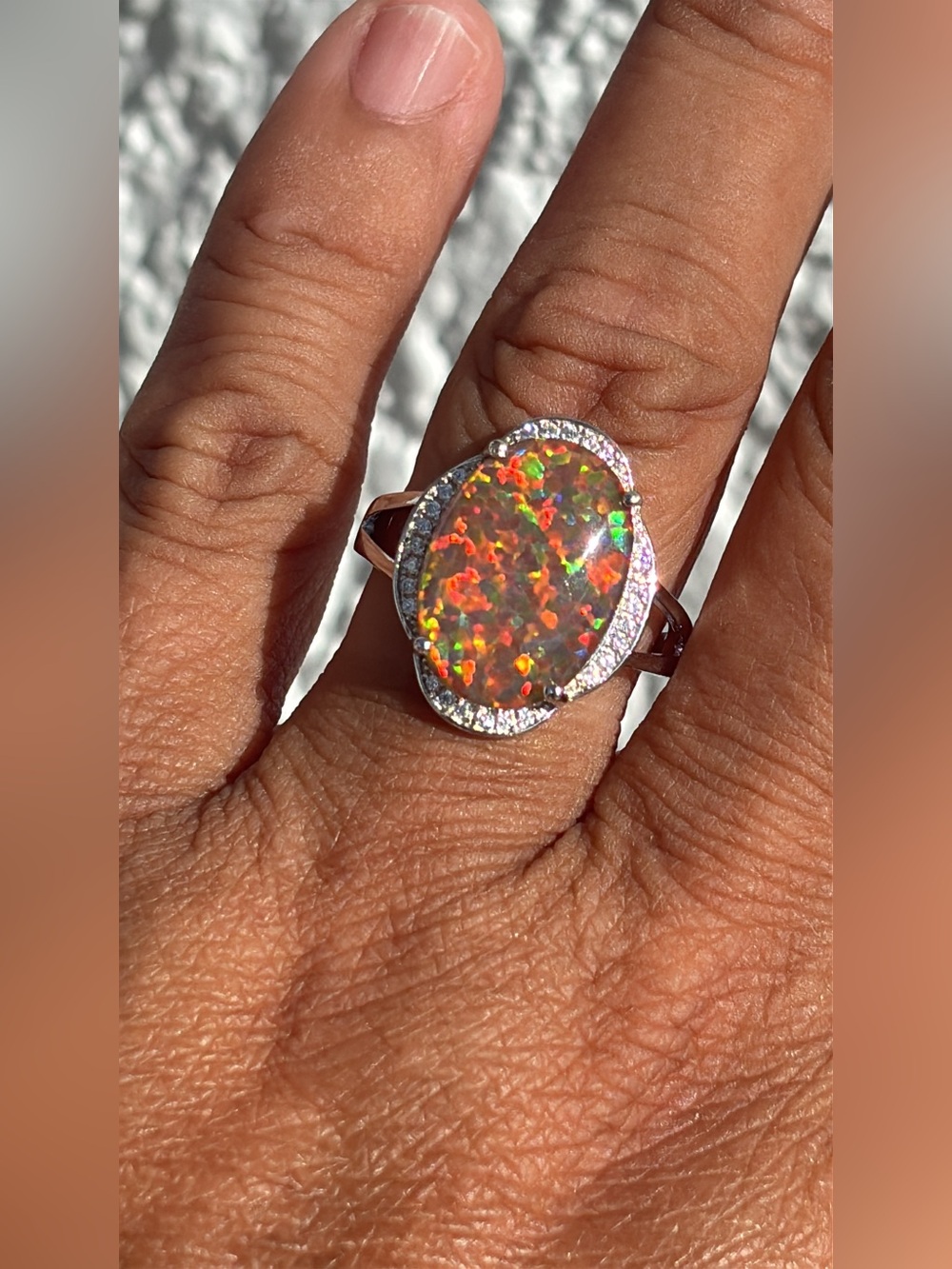 Sterling Silver Fire Opal Halo Ring - Orange Multi-Flash